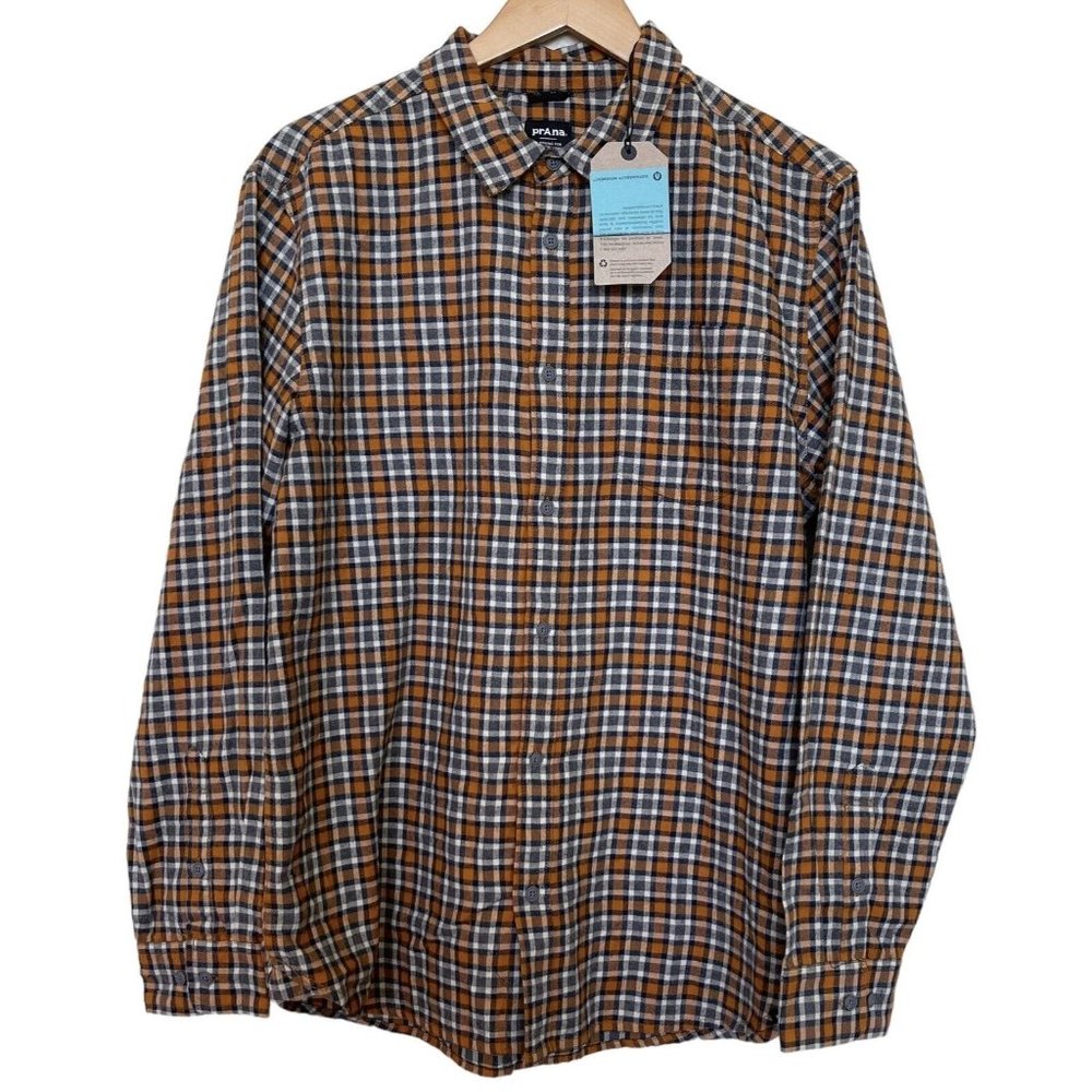 prAna LOS FELIZ Flannel Long Sleeve Shirt Size Large L Orange Plaid NWT MSRP $89